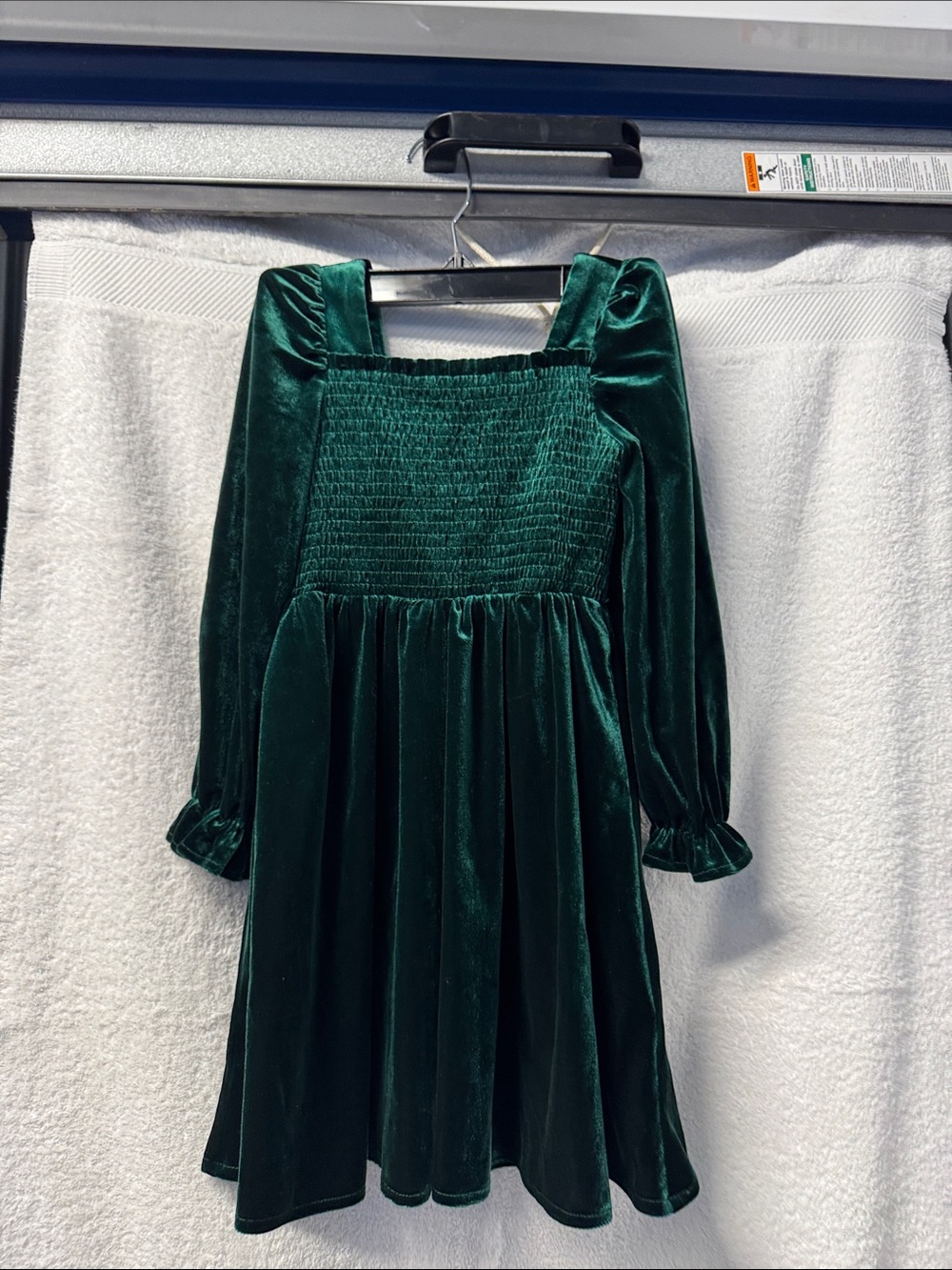 Green Velvet Smocked Square-Neck Dress